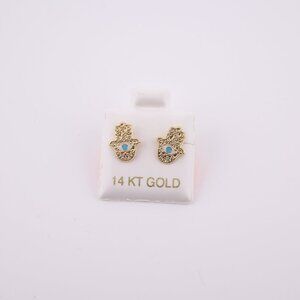 Women's 14K Gold Hamsa Hand Evil Eye Blue CZ Stud Earrings Spiritual Jewelry **‎